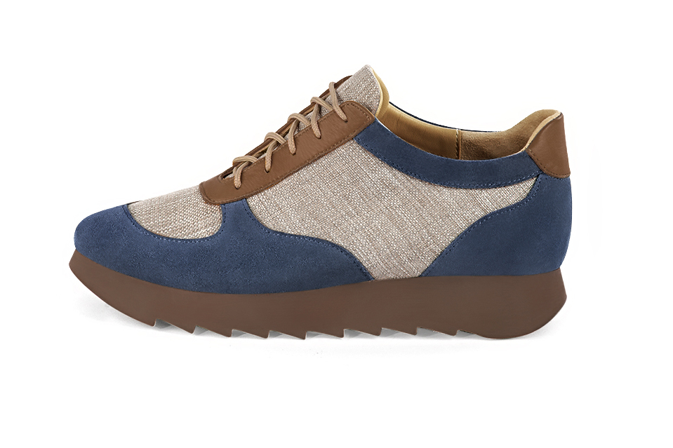 Denim blue, natural beige and caramel brown women's three-tone elegant sneakers. Round toe. Low rubber soles. Profile view - Florence KOOIJMAN